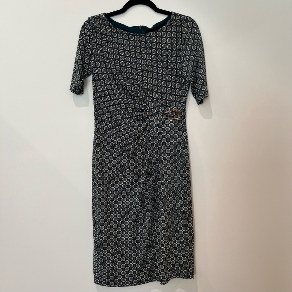Jessica Howard short sleeve green gold dress size 8 zip back side buckle accent